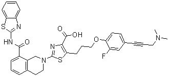 structure of CAS# 1235034-55-5, 2-[8-[(2-Benzothiazolylamino)carbonyl]-3,4-dihydro-2(1H)-isoquinolinyl]-5-[3-[4-[3-(dimethylamino)-1-propyn-1-yl]-2-fluorophenoxy]propyl]-4-thiazolecarboxylic acid