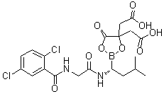 structure of CAS# 1239908-20-3, Ixazomib citrate;2-[(1R)-1-[[2-[(2,5-Dichlorobenzoyl)amino]acetyl]amino]-3-methylbutyl]-5-oxo-1,3,2-dioxaborolane-4,4-diacetic acid; MLN 9708
