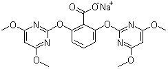 structure of CAS# 125401-92-5, Bispyribac-sodium;Sodium 2,6-bis[(4,6-dimethoxypyrimidin-2-yl)oxy]benzoate; 2,6-Bis((4,6-dimethoxy-2-pyrimidinyl)oxy)-benzoic acid sodium salt