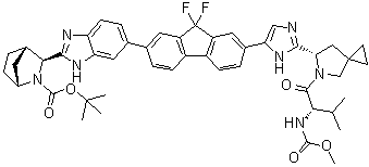 结构式 CAS# 1256393-27-7, (1R,3S,4S)-3-[6-[9,9-二氟-7-[2-[(6S)-5-[(2S)-2-[(甲氧羰基)氨基]-3-甲基-1-氧代丁基]-5-氮杂螺[2.4]庚烷-6-基]-1H-咪唑-5-基]-9H-芴-2-基]-1H-苯并咪唑-2-基]-2-氮杂双环[2.2.1]庚烷-2-羧酸叔丁酯