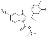 structure of CAS# 1256584-75-4, 6-Cyano-2-[1-(4-ethyl-3-iodophenyl)-1-methylethyl]-1H-indole-3-carboxylic acid 1,1-dimethylethyl ester;tert-butyl 6-cyano-2-[2-(4-ethyl-3-iodophenyl)propan-2-yl]-1H-indole-3-carboxylate