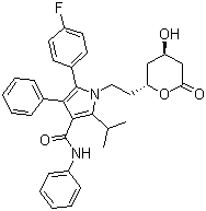 结构式 CAS# 125995-03-1, 阿托伐他汀内酯; (4R,6R)-6-{2-[2-(4-氟苯基)-5-异丙基-3-苯基-4-(苯基氨基甲酰基)吡咯-1-基]乙基}-4-羟基四氢-2H-吡喃-2-酮