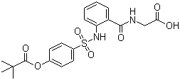 structure of CAS# 127373-66-4, Sivelestat;N-(2-(((4-(2,2-Dimethyl-1-oxopropoxy)phenyl)sulfonyl)amino)benzoyl)glycine; 2-[[2-[[4-(2,2-Dimethylpropanoyloxy)phenyl]sulfonylamino]benzoyl]amino]acetic acid