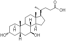 structure of CAS# 128-13-2, Ursodeoxycholic acid;3,7-Dihydroxycholan-24-oic acid; 3alpha,7beta-Dihydroxy-6beta-cholan-24-oic acid; Ursodiol