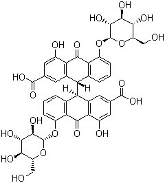 structure of CAS# 128-57-4, Sennoside B;(9S)-9-[(9R)-2-Carboxy-4-hydroxy-10-oxo-5-[(2S,3R,4S,5S,6R)-3,4,5-trihydroxy-6-(hydroxymethyl)oxan-2-yl]oxy-9H-anthracen-9-yl]-4-hydroxy-10-oxo-5-[(2S,3R,4S,5S,6R)-3,4,5-trihydroxy-6-(hydroxymethyl)oxan-2-yl]oxy-9H-anthracene-2-carboxylic acid