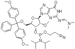 5'-O-[Bis(4-methoxyphenyl)phenylmethyl]-N-[(dimethylamino)methylene]-2'-O-methylguanosine 3'-[2-cyanoethyl bis(1-methylethyl)phosphoramidite] molecular structure (CAS 128219-77-2)