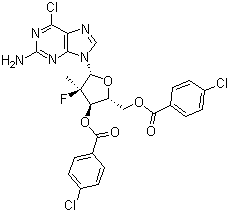 structure of CAS# 1294481-82-5, 9-[(2R)-3,5-Bis-O-(4-chlorobenzoyl)-2-deoxy-2-fluoro-2-methyl-beta-D-erythro-pentofuranosyl]-6-chloro-9H-purin-2-amine