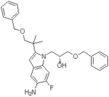 structure of CAS# 1294504-67-8, (alphaR)-5-Amino-2-[1,1-dimethyl-2-(phenylmethoxy)ethyl]-6-fluoro-alpha-[(phenylmethoxy)methyl]-1H-indole-1-ethanol;(2R)-1-[5-amino-6-fluoro-2-(2-methyl-1-phenylmethoxypropan-2-yl)indol-1-yl]-3-phenylmethoxypropan-2-ol