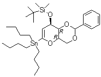 1,5-Anhydro-2-deoxy-3-O-[(1,1-dimethylethyl)dimethylsilyl]-4,6-O-[(R)-phenylmethylene]-1-C-(tributylstannyl)-D-arabino-hex-1-enitol molecular structure (CAS 130912-41-3)