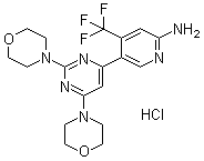 structure of CAS# 1312445-63-8, Buparlisib hydrochloride;5-(2,6-Di-4-morpholinyl-4-pyrimidinyl)-4-(trifluoromethyl)-2-pyridinamine hydrochloride (1:1); BKM 120AAA