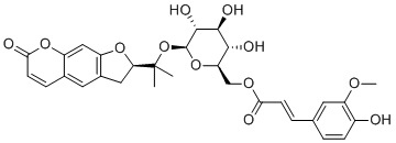 structure of CAS# 131623-14-8, 6'-Feruloylnodakenin;[(2R,3S,4S,5R,6S)-3,4,5-trihydroxy-6-[2-[(2R)-7-oxo-2,3-dihydrofuro[3,2-g]chromen-2-yl]propan-2-yloxy]oxan-2-yl]methyl (E)-3-(4-hydroxy-3-methoxyphenyl)prop-2-enoate