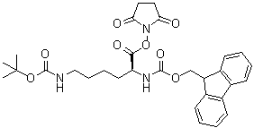 structure of CAS# 132307-50-7, N6-[(1,1-Dimethylethoxy)carbonyl]-N2-[(9H-fluoren-9-ylmethoxy)carbonyl]-L-lysine 2,5-dioxo-1-pyrrolidinyl ester