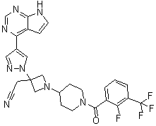 1-[1-[2-Fluoro-3-(trifluoromethyl)benzoyl]-4-piperidinyl]-3-[4-(7H-pyrrolo[2,3-d]pyrimidin-4-yl)-1H-pyrazol-1-yl]-3-azetidineacetonitrile molecular structure (CAS 1334298-96-2)