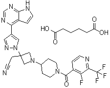 Hexanedioic acid, compd. with 1-[1-[[3-fluoro-2-(trifluoromethyl)-4-pyridinyl]carbonyl]-4-piperidinyl]-3-[4-(7H-pyrrolo[2,3-d]pyrimidin-4-yl)-1H-pyrazol-1-yl]-3-azetidineacetonitrile (1:1) molecular structure (CAS 1334302-63-4)