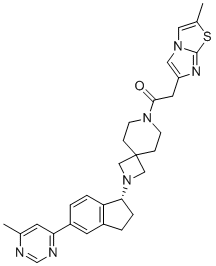 2-(2-methylimidazo[2,1-b][1,3]thiazol-6-yl)-1-[2-[(1R)-5-(6-methylpyrimidin-4-yl)-2,3-dihydro-1H-inden-1-yl]-2,7-diazaspiro[3.5]nonan-7-yl]ethanone molecular structure (CAS 1334782-79-4)