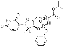 structure of CAS# 1337482-15-1, N-[[P(S),2'R]-2'-Deoxy-2'-fluoro-2'-methyl-P-phenyl-3'-uridylyl]-L-alanine 1-methylethyl ester