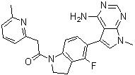 structure of CAS# 1337532-29-2, 5-[4-Fluoro-1-[(6-methyl-2-pyridinyl)acetyl]-2,3-dihydro-1H-indol-5-yl]-7-methyl-7H-pyrrolo[2,3-d]pyrimidin-4-amine
