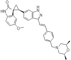 (1R,2S)-2-[3-[(1E)-2-[4-[[(2R,6S)-2,6-Dimethyl-4-morpholinyl]methyl]phenyl]ethenyl]-1H-indazol-6-yl]-5'-methoxy-spiro[cyclopropane-1,3'-[3H]indol]-2'(1'H)-one molecular structure (CAS 1338806-73-7)