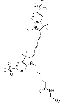 structure of CAS# 1345823-20-2, 2-[5-[1,3-Dihydro-3,3-dimethyl-1-[6-oxo-6-(2-propyn-1-ylamino)hexyl]-5-sulfo-2H-indol-2-ylidene]-1,3-pentadien-1-yl]-1-ethyl-3,3-dimethyl-5-sulfo-3H-indolium inner salt