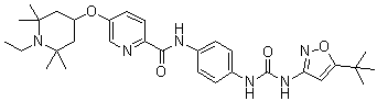 structure of CAS# 1351522-04-7, N-[4-[[[[5-(1,1-Dimethylethyl)-3-isoxazolyl]amino]carbonyl]amino]phenyl]-5-[(1-ethyl-2,2,6,6-tetramethyl-4-piperidinyl)oxy]-2-pyridinecarboxamide;AC 710