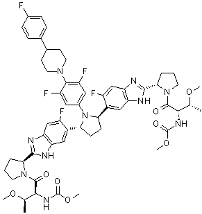 structure of CAS# 1353900-92-1, Pibrentasvir;N,N'-[[(2R,5R)-1-[3,5-Difluoro-4-[4-(4-fluorophenyl)-1-piperidinyl]phenyl]-2,5-pyrrolidinediyl]bis[(6-fluoro-1H-benzimidazole-5,2-diyl)-(2S)-2,1-pyrrolidinediyl[(1S)-1-[(1R)-1-methoxyethyl]-2-oxo-2,1-ethanediyl]]]biscarbamic acid C,C'-dimethyl ester; A 1325912.0; ABT 530