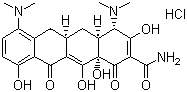 structure of CAS# 13614-98-7, Minocycline hydrochloride;[4S-(4alpha,4aalpha,5aalpha,12aalpha)]-4,7-Bis(dimethylamino)-1,4,4a,5,5a,6,11,12a-octahydro-3,10,12,12a-tetrahydroxy-1,11-dioxonaphthacene-2-carboxamide monohydrochloride