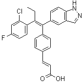 (E)-3-[4-[(E)-2-(2-Chloro-4-fluorophenyl)-1-(1H-indazol-5-yl)but-1-en-1-yl]phenyl]-2-propenoic acid molecular structure (CAS 1365888-06-7)