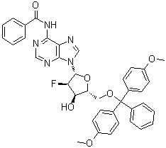 structure of CAS# 136834-21-4, N-Benzoyl-5'-O-[bis(4-methoxyphenyl)phenylmethyl]-2'-deoxy-2'-fluoroadenosine;N-[9-[(2R,3R,4R,5R)-5-[[bis(4-methoxyphenyl)-phenylmethoxy]methyl]-3-fluoro-4-hydroxyoxolan-2-yl]purin-6-yl]benzamide