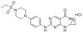 structure of CAS# 1369761-01-2, Cerdulatinib hydrochloride;4-(cyclopropylamino)-2-[4-(4-ethylsulfonylpiperazin-1-yl)anilino]pyrimidine-5-carboxamide;hydrochloride