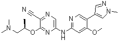 structure of CAS# 1404095-34-6, 3-[(1R)-2-(Dimethylamino)-1-methylethoxy]-5-[[4-methoxy-5-(1-methyl-1H-pyrazol-4-yl)-2-pyridinyl]amino]-2-pyrazinecarbonitrile