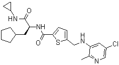 structure of CAS# 1404456-53-6, GSK 2830371;5-[[(5-Chloro-2-methyl-3-pyridinyl)amino]methyl]-N-[(1S)-1-(cyclopentylmethyl)-2-(cyclopropylamino)-2-oxoethyl]-2-thiophenecarboxamide