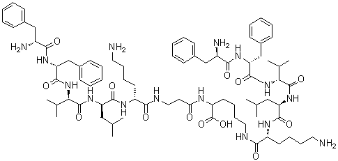(9R,12R,15R,18R,21R)-21-Amino-2-((2R,5R,8R,11R,14R)-2-amino-14-(4-aminobutyl)-5-benzyl-11-isobutyl-8-isopropyl-3,6,9,12,15-pentaoxo-1-phenyl-4,7,10,13,16-pentaazaicosan-20-yl)-9-(4-aminobutyl)-18-benzyl-12-isobutyl-15-isopropyl-4,8,11,14,17,20-hexaoxo-22-phenyl-3,7,10,13,16,19-hexaazadocosan-1-oic acid molecular structure (CAS 1426174-31-3)