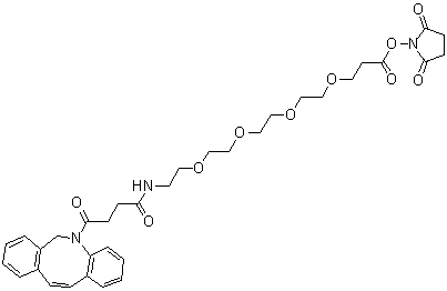structure of CAS# 1427004-19-0, 2,5-Dioxo-1-pyrrolidinyl 20-(11,12-didehydrodibenz[b,f]azocin-5(6H)-yl)-17,20-dioxo-4,7,10,13-tetraoxa-16-azaeicosanoate;DBCO-PEG4-NHS; DBCO-PEG4-NHS Ester; NHS-PEG4-DBCO