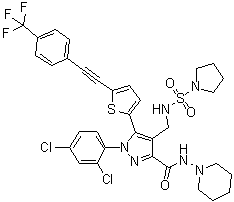 1-(2,4-Dichlorophenyl)-N-1-piperidinyl-4-[[(1-pyrrolidinylsulfonyl)amino]methyl]-5-[5-[2-[4-(trifluoromethyl)phenyl]ethynyl]-2-thienyl]-1H-pyrazole-3-carboxamide molecular structure (CAS 1429239-98-4)