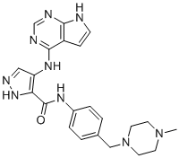 structure of CAS# 1429515-59-2, N-[4-[(4-methylpiperazin-1-yl)methyl]phenyl]-4-(7H-pyrrolo[2,3-d]pyrimidin-4-ylamino)-1H-pyrazole-5-carboxamide