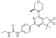 structure of CAS# 1429639-50-8, N-[4-[5,7-Dihydro-7,7-dimethyl-4-[(3S)-3-methyl-4-morpholinyl]-6,6-dioxidothieno[3,4-d]pyrimidin-2-yl]phenyl]-N'-ethylurea
