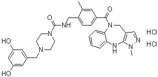 N-[[4-[(4,10-Dihydro-1-methylpyrazolo[3,4-b][1,5]benzodiazepin-5(1H)-yl)carbonyl]-2-methylphenyl]methyl]-4-[(3,5-dihydroxyphenyl)methyl]-1-piperazinecarboxamide hydrochloride (1:2) molecular structure (CAS 1432043-31-6)