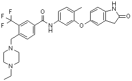 structure of CAS# 1449685-96-4, N-[3-[(2,3-Dihydro-2-oxo-1H-indol-5-yl)oxy]-4-methylphenyl]-4-[(4-ethyl-1-piperazinyl)methyl]-3-(trifluoromethyl)benzamide