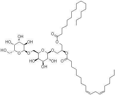 (2S)-3-[(1-Oxohexadecyl)oxy]-2-[[(9Z,12Z)-1-oxo-9,12-octadecadien-1-yl]oxy]propyl 6-O-alpha-D-galactopyranosyl-beta-D-galactopyranoside molecular structure (CAS 145033-48-3)