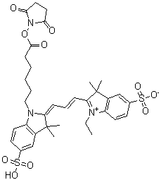 structure of CAS# 146368-16-3, 2-[3-[1-[6-[(2,5-Dioxo-1-pyrrolidinyl)oxy]-6-oxohexyl]-1,3-dihydro-3,3-dimethyl-5-sulfo-2H-indol-2-ylidene]-1-propen-1-yl]-1-ethyl-3,3-dimethyl-5-sulfo-3H-indolium inner salt;Cy3; Cy3 NHS Ester; Cyanine 3; FluoroLink Mono Reactive Dye Cy3