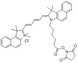 structure of CAS# 1469277-96-0, (2,5-dioxopyrrolidin-1-yl) 6-[(2Z)-1,1-dimethyl-2-[(2E,4E)-5-(1,1,3-trimethylbenzo[e]indol-3-ium-2-yl)penta-2,4-dienylidene]benzo[e]indol-3-yl]hexanoate chloride