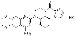 structure of CAS# 146929-33-1, Cyclazosin monohydrochloride;cis-1-(4-Amino-6,7-dimethoxy-2-quinazolinyl)-4-(2-furanylcarbonyl)decahydroquinoxaline monohydrochloride