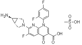 structure of CAS# 147059-75-4, Trovafloxacin monomethanesulfonate;7-[(1alpha,5alpha,6alpha)-6-Amino-3-azabicyclo[3.1.0]hex-3-yl]-1-(2,4-difluorophenyl)-6-fluoro-1,4-dihydro-4-oxo-1,8-naphthyridine-3-carboxylic acid methanesulfonate (1:1); CP 99219; CP 99219-27; Trovafloxacin mesylate; Trovafloxacin methanesulfonate; Trovafloxacin monomethanesulfonate; Trovan