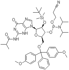 5'-O-(4,4-Dimethoxytrityl)-2'-O-[(tert-butyl)dimethylsilyl]-N-isobutyrylguanosine-3'-(2-cyanoethyl-N,N-diisopropyl)phosphoramidite molecular structure (CAS 147201-04-5)