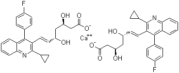 结构式 CAS# 147526-32-7, 匹伐他汀钙; (+)-双{(3R,5S,6E)-7-[2-环丙基-4-(4-氟代苯基)喹啉-3-基]-3,5-二羟基-6-庚烯酸}钙盐 (2:1)