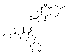 N-[[P(S),2'R]-2'-Deoxy-2'-fluoro-2'-methyl-P-phenyl-5'-uridylyl]-D-alanine 1-methylethyl ester molecular structure (CAS 1496552-28-3)
