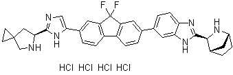 structure of CAS# 1499193-67-7, (6S)-6-[5-[7-[2-(1R,3S,4S)-2-Azabicyclo[2.2.1]hept-3-yl-1H-benzimidazol-6-yl]-9,9-difluoro-9H-fluoren-2-yl]-1H-imidazol-2-yl]-5-azaspiro[2.4]heptane hydrochloride (1:4)