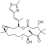 structure of CAS# 152044-54-7, Patupilone;(1S,3S,7S,10R,11S,12S,16R)-7,11-Dihydroxy-8,8,10,12,16-pentamethyl-3-[(1E)-1-methyl-2-(2-methyl-4-thiazolyl)ethenyl]-4,17-dioxabicyclo[14.1.0]heptadecane-5,9-dione; Epothilone B
