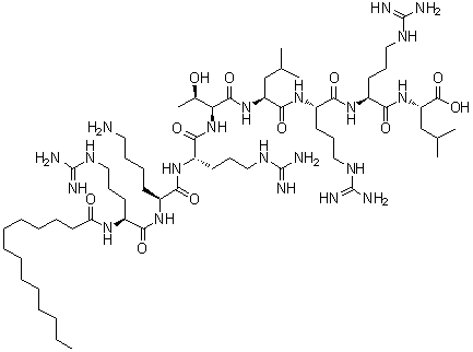 N2-(1-氧代十四烷基)-L-精氨酰-L-赖氨酰-L-精氨酰-L-苏氨酰-L-亮氨酰-L-精氨酰-L-精氨酰-L-亮氨酸分子结构 (CAS 152246-40-7)