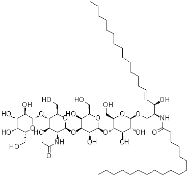 N-[(1S,2R,3E)-1-[[[O-beta-D-Galactopyranosyl-(1→4)-O-2-(acetylamino)-2-deoxy-beta-D-glucopyranosyl-(1→3)-O-beta-D-galactopyranosyl-(1→4)-beta-D-glucopyranosyl]oxy]methyl]-2-hydroxy-3-heptadecen-1-yl]-octadecanamide molecular structure (CAS 153565-90-3)